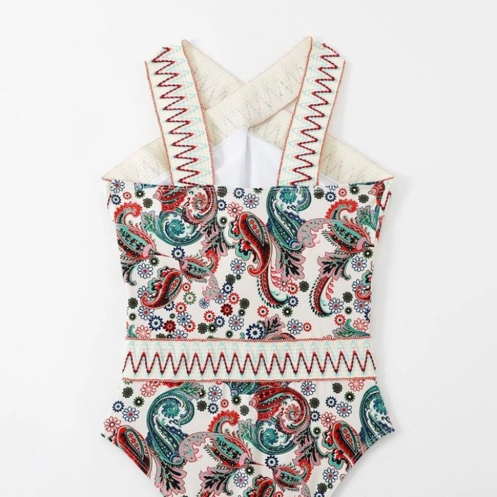 Boho Paisley Chevron Stripe Tape High Neck One Piece Swimsuit - Picture 6 of 8